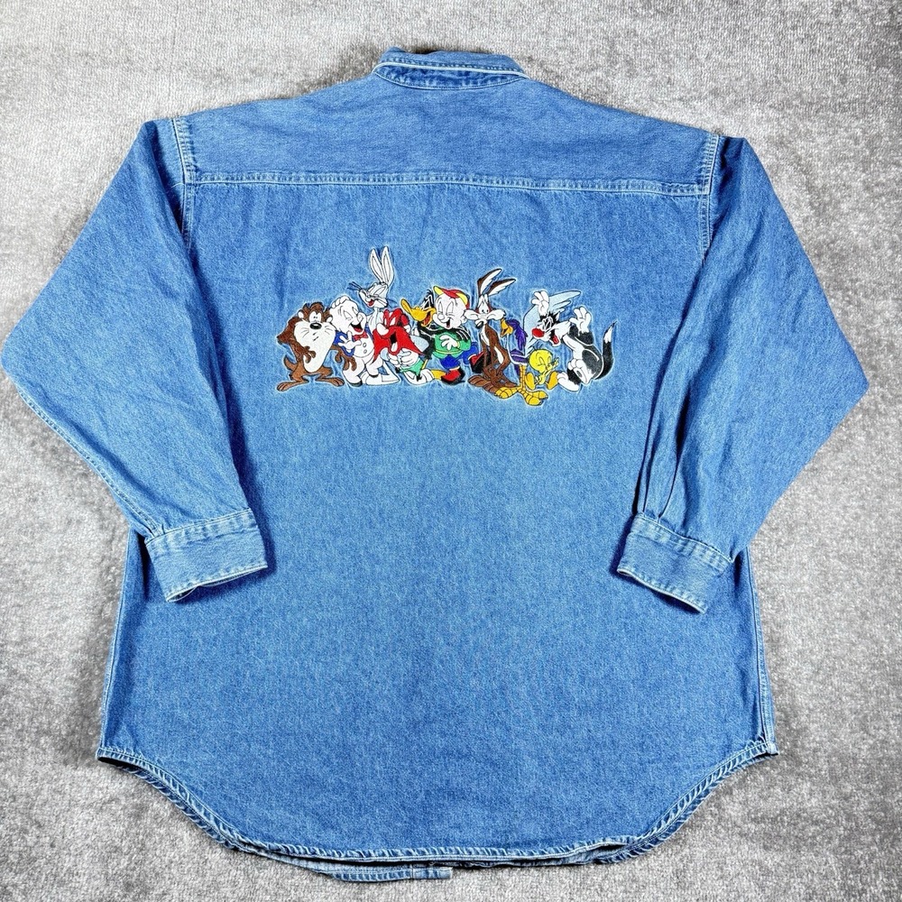 90s Looney Tunes Denim Shirt Mens XL Blue Button Up Embroidered Acme Clothing Co
